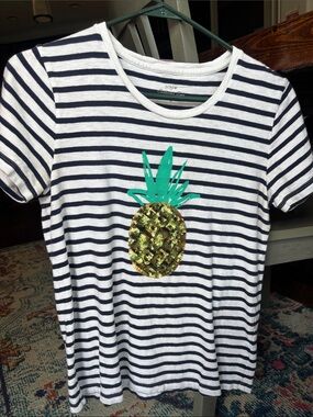 J. Crew Navy & White Striped Tee with Gold Sequin Pineapple
